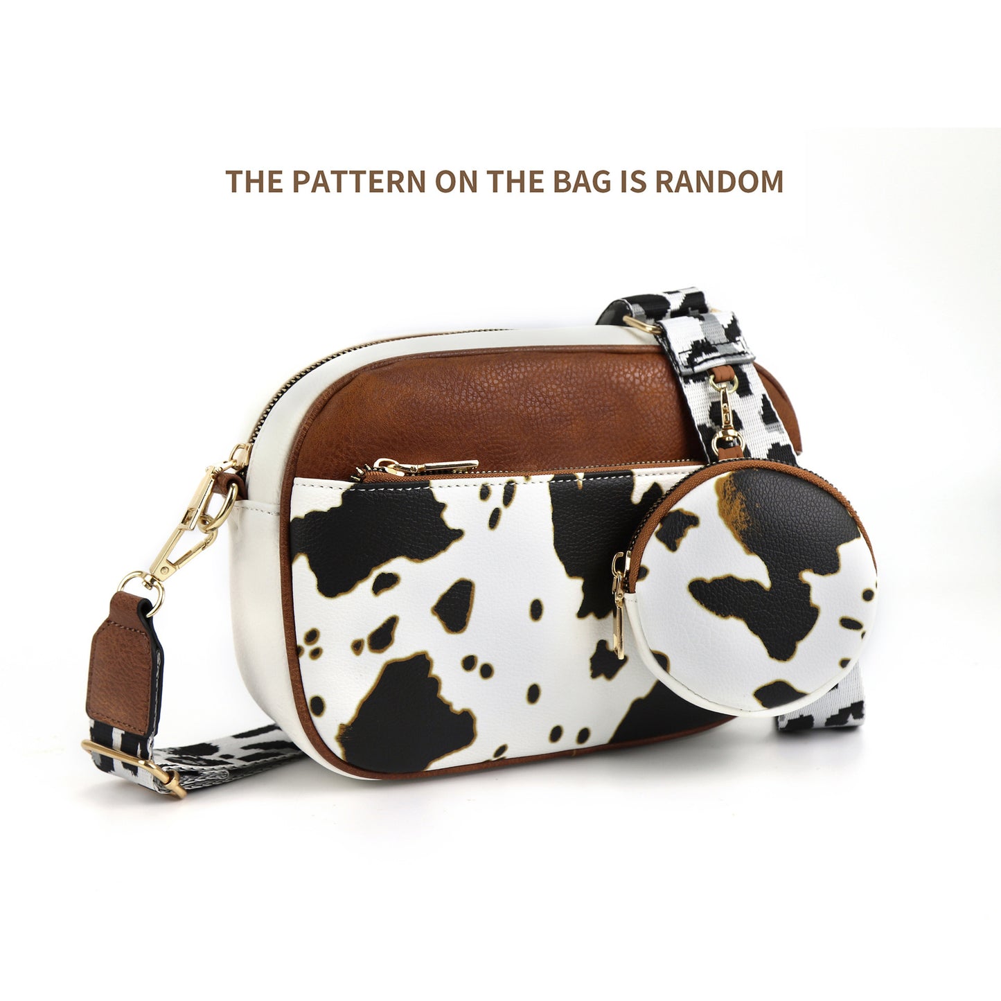 Cow Print Multi-Functional Zipper Crossbody Bag Cow Square Bag White Brown Infinite Avenue