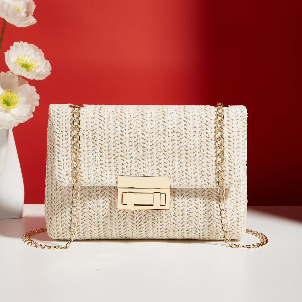 Fashion Crossbody Straw Bag – Lock Closure, Small Square Beige Infinite Avenue