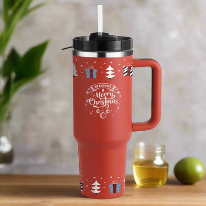 40oz Insulated Tumbler – Stainless Steel with Handle & Straw Christmas Red B 1200ML Infinite Avenue