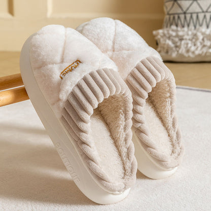 Men's Rhombic Sewing Plush Slippers Winter Warm Non-slip House Shoes For Women Bedroom Floor Home Slipper Couple White Infinite Avenue