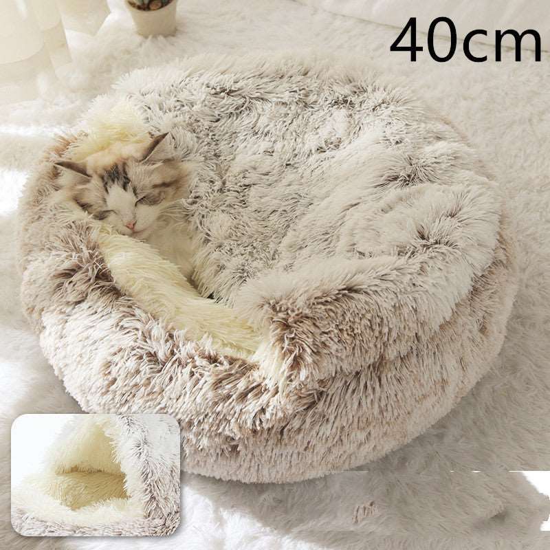 2 In 1 Dog And Cat Bed Pet Winter Bed Round Plush Warm Bed House Soft Long Plush Pets Bed Pet Products Hair Brown 40cm Infinite Avenue