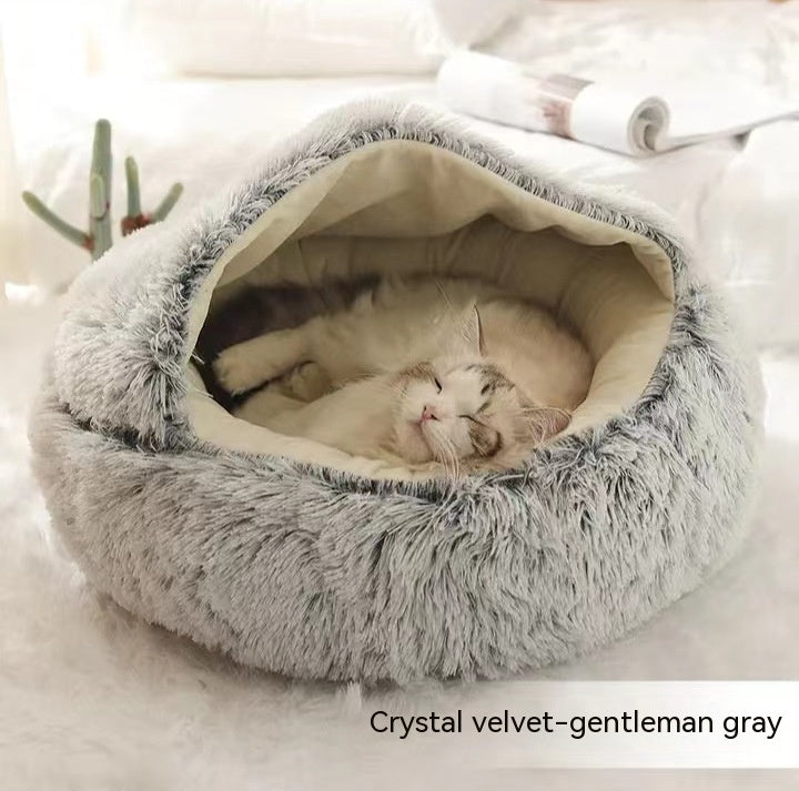 2 In 1 Dog And Cat Bed Pet Winter Bed Round Plush Warm Bed House Soft Long Plush Pets Bed Pet Products Grey short plush Infinite Avenue