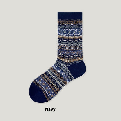 Women's Retro Combed Cotton Mid Tube Socks Navy Blue Free Size Infinite Avenue