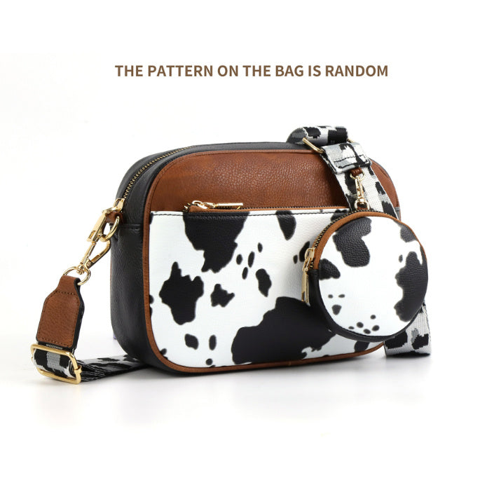 Cow Print Multi-Functional Zipper Crossbody Bag Cow Square Bag Black Brown Infinite Avenue