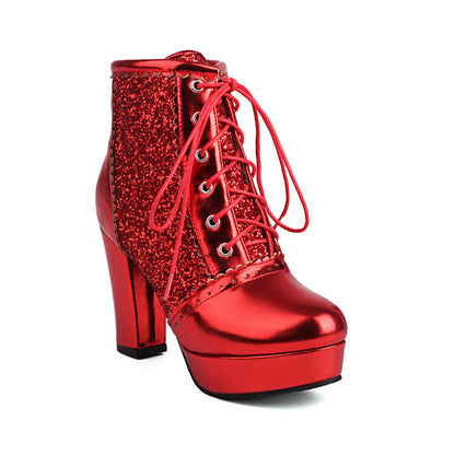 Autumn And Winter Thick Heel Lace-up Sequins Fashion Boots Red Infinite Avenue