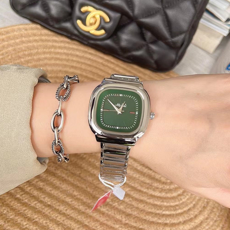 Square Steel Belt Retro Large Dial Women's Simple Watch Silver Green Infinite Avenue