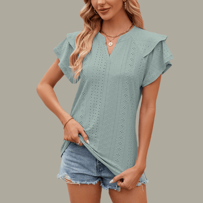 Solid Color Double-Layer Sleeve V-Neck Loose T-Shirt - Infinite Avenue