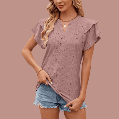 Solid Color Double-Layer Sleeve V-Neck Loose T-Shirt - Infinite Avenue