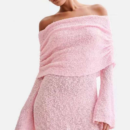 Women's Spring Summer Knitted Dress Elegant Party Boat Neck Dress Infant Off Shoulder Bodycon Long Sleeve Fuzzy Short Club Chic Mini Dress Pink Infinite Avenue