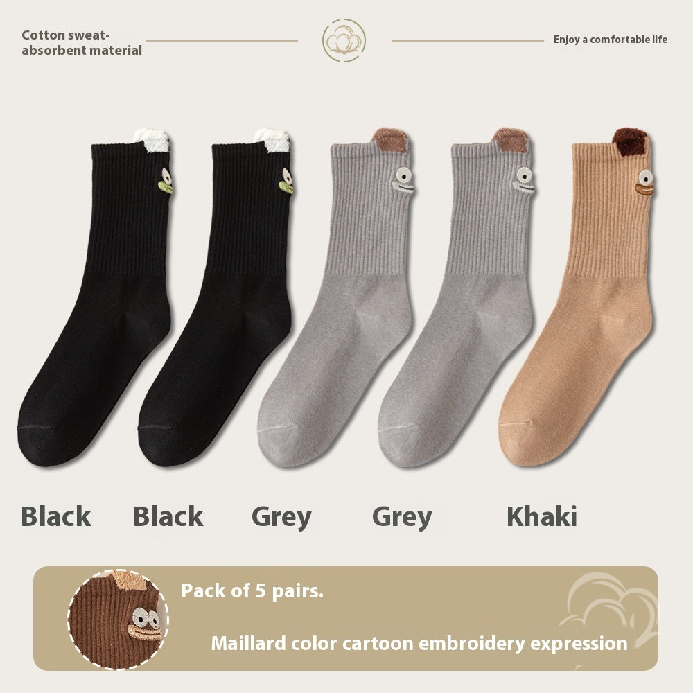 Women's Cartoon Mid-Tube Cotton Socks Black 2 Gray 2 Kaki 1 35 to 40 Free Size Infinite Avenue