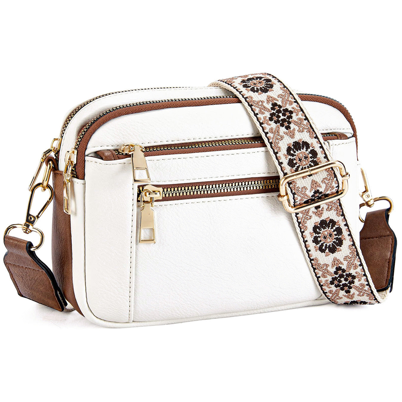 Cow Print Multi-Functional Zipper Crossbody Bag White with Brown Infinite Avenue