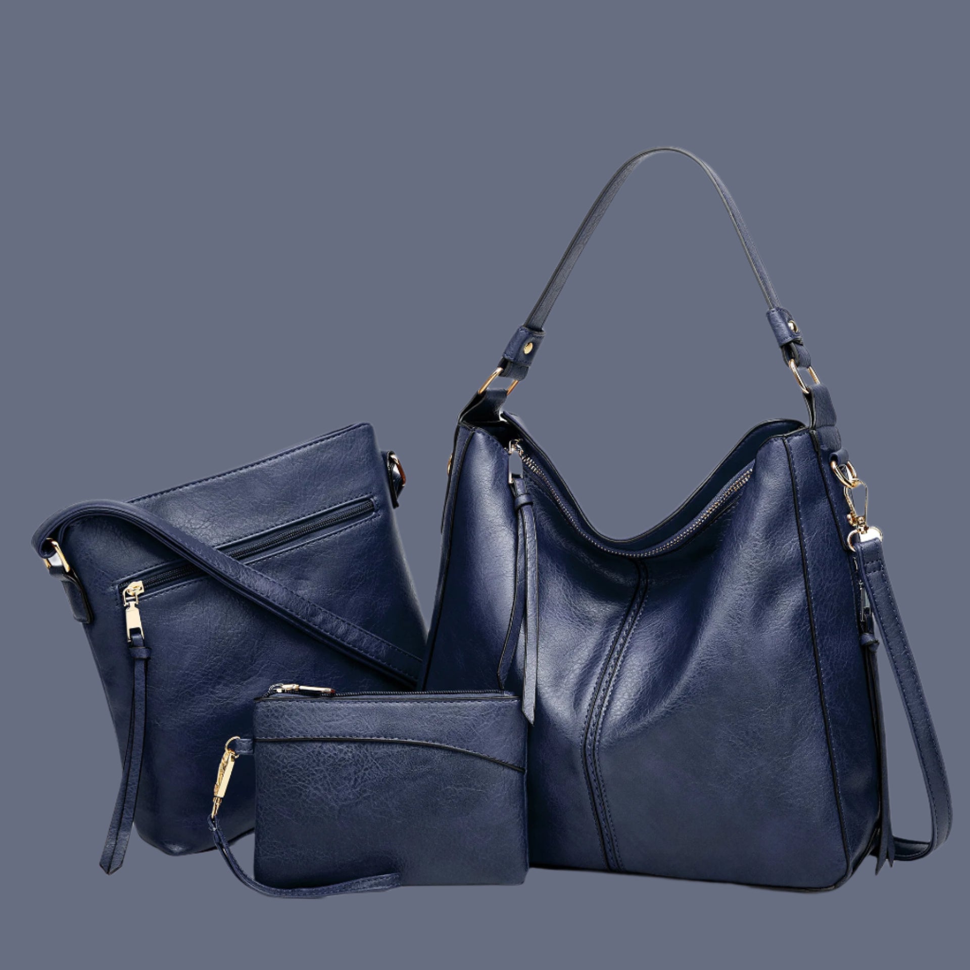 Large Capacity Three-Piece Tote Shoulder Bag Set Dark Blue Infinite Avenue