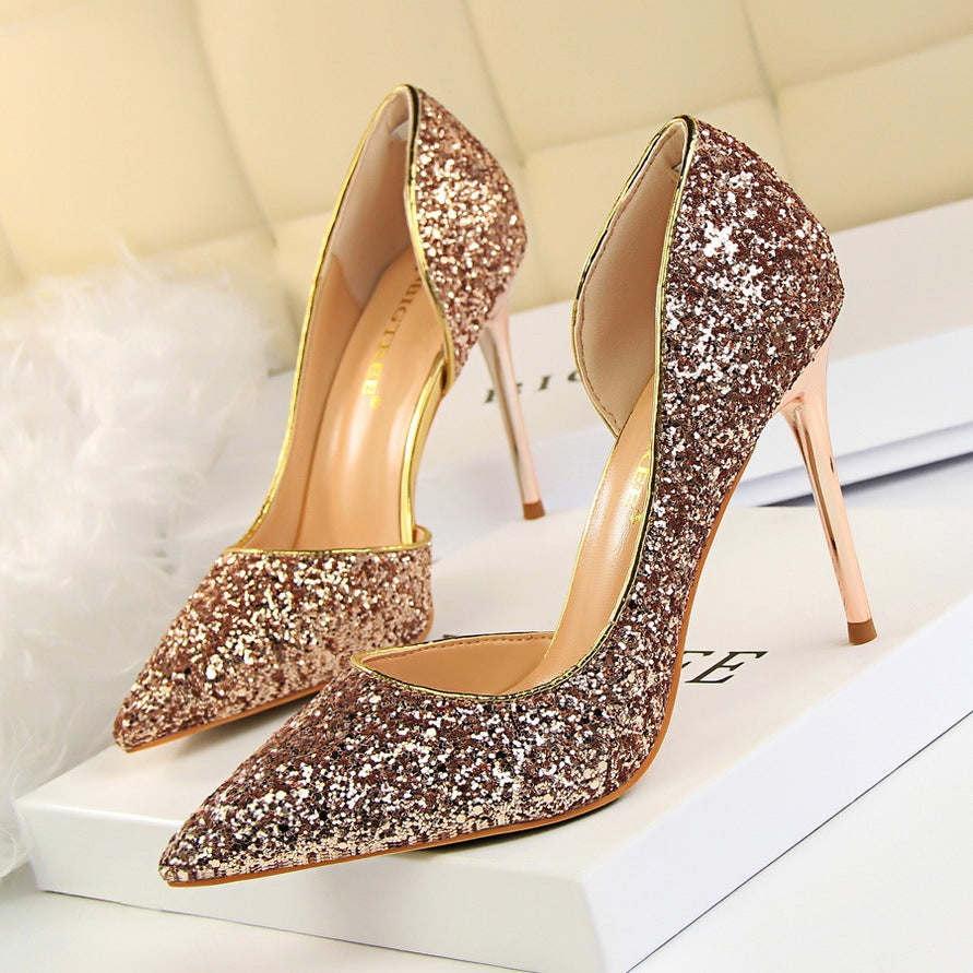 Skinny Women's Shoes Stiletto Heel Shallow Mouth Pointed Side Hollow-out Sequin Infinite Avenue