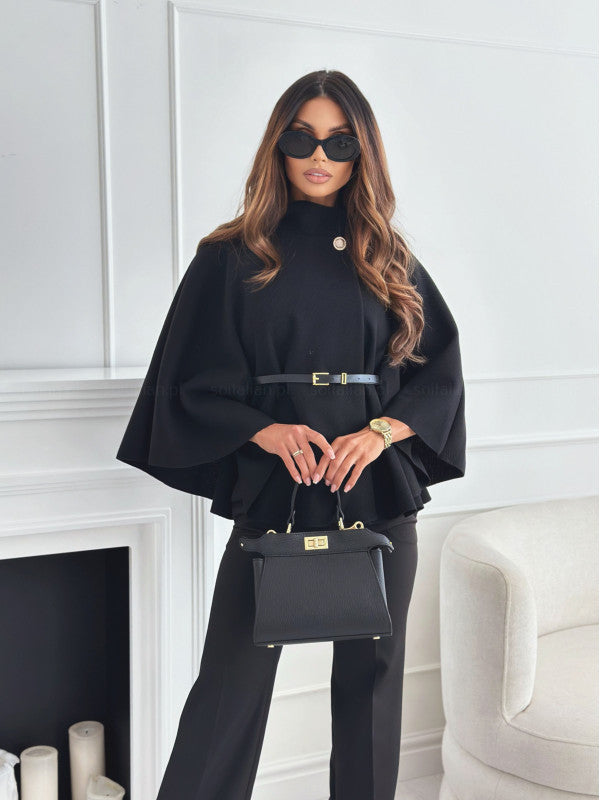 New Stand Collar Batwing Sleeves Cloak Top With Belt Ins Fashion Temperament Jacket Woolen Sweater Outwear For Women Clothing Black Infinite Avenue