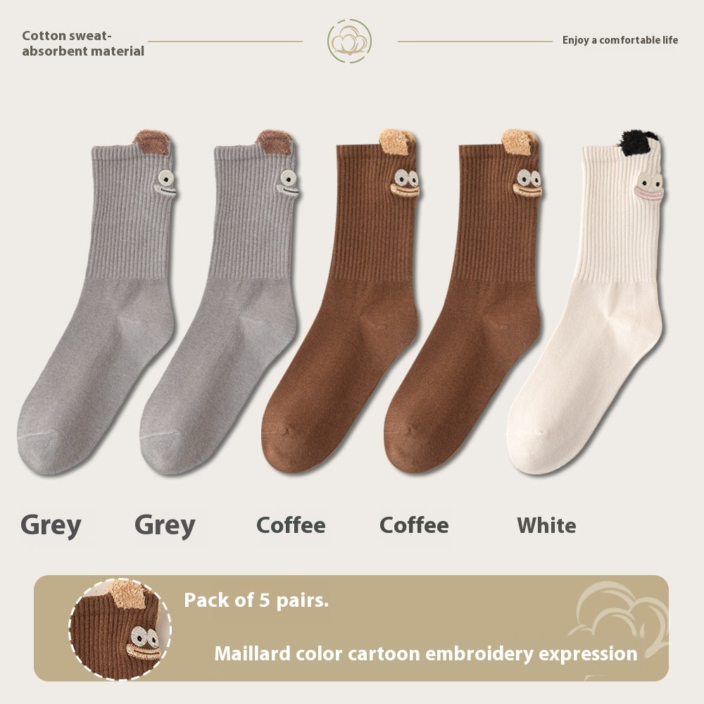 Women's Cartoon Mid-Tube Cotton Socks Gray 2 Coffee 2 White 1 35 to 40 Free Size Infinite Avenue