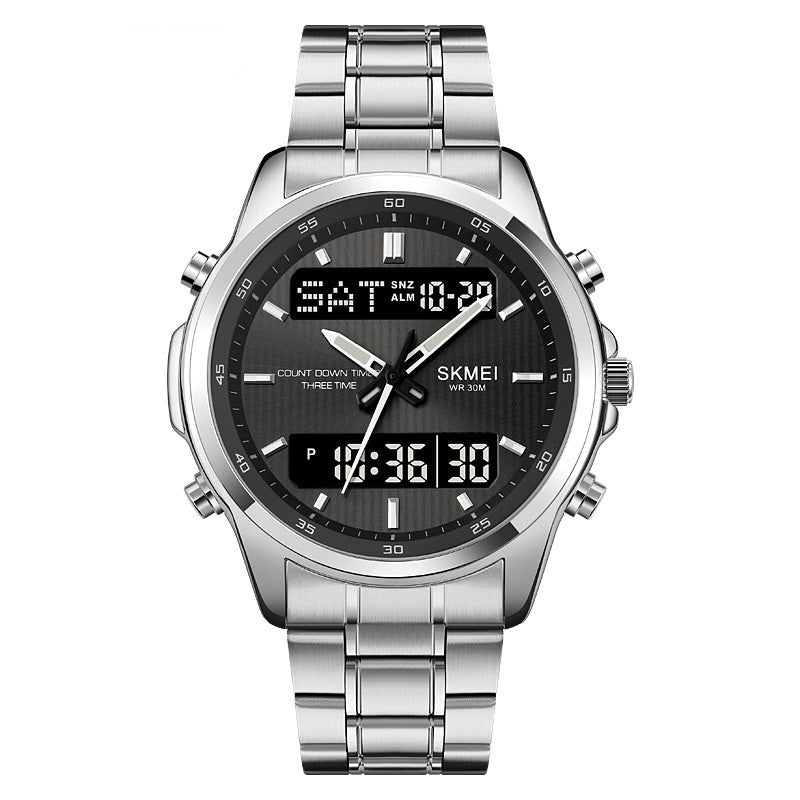 Multifunctional Men's Steel Strap Watch Double Display Sports Silver Black Machine Infinite Avenue