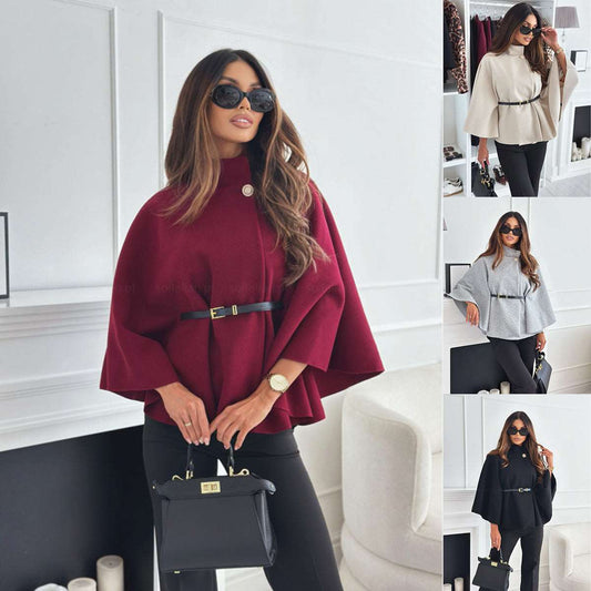 New Stand Collar Batwing Sleeves Cloak Top With Belt Ins Fashion Temperament Jacket Woolen Sweater Outwear For Women Clothing Infinite Avenue