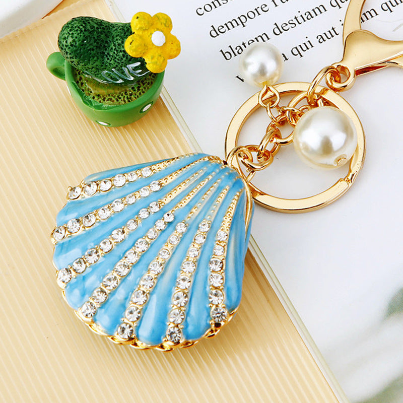 Rhinestone Pearl Shell Car Key Ring Shell Blue Single OPP Bag Packaging Infinite Avenue