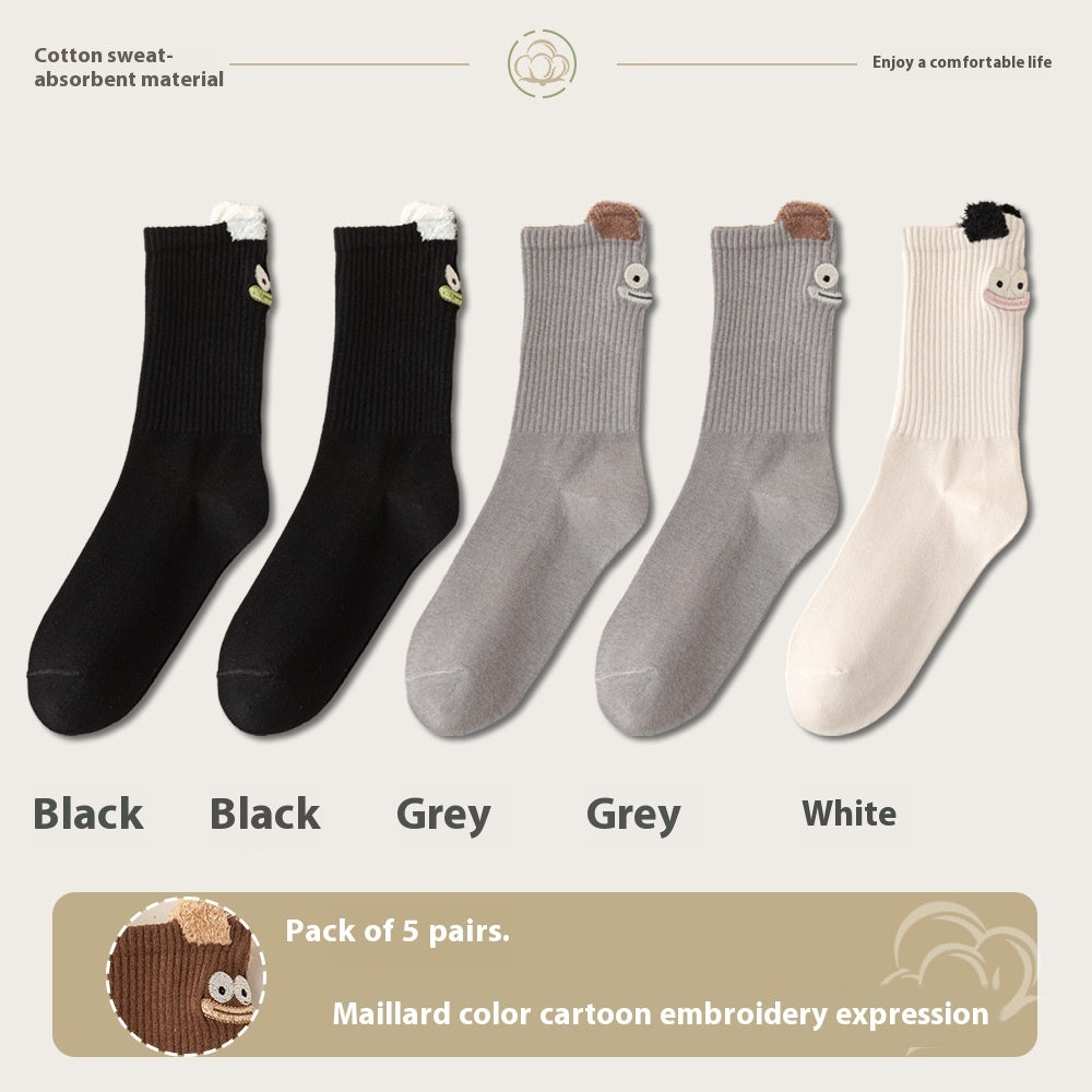 Women's Cartoon Mid-Tube Cotton Socks Black 2 Gray 2 White 1 35 to 40 Free Size Infinite Avenue