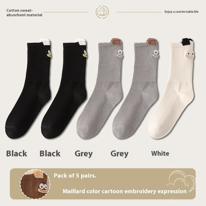 Women's Cartoon Mid-Tube Cotton Socks Black 2 Gray 2 White 1 35 to 40 Free Size Infinite Avenue