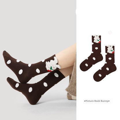 Vintage Court Style Mid-Length Socks Picture Book Bunny Average Size Infinite Avenue