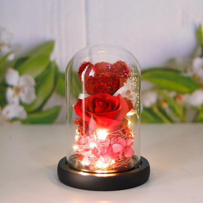 Valentine's Day Gift For Girlfriend Eternal Preserved Rose Flower Gift Box Teddy Bear Eternal Flower With Lights Gift For Women Home Decor Black Base Red Infinite Avenue