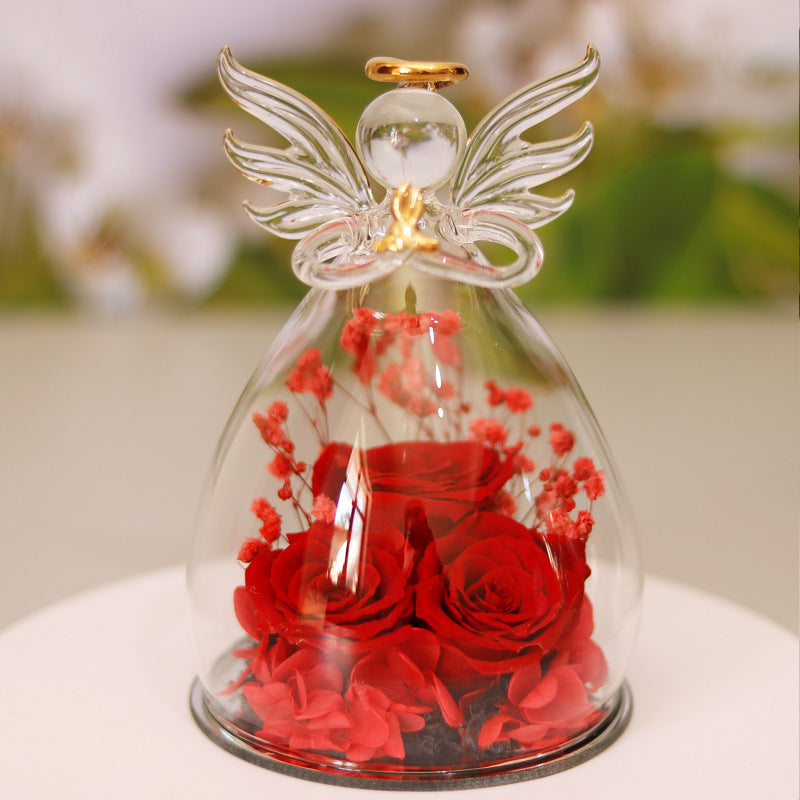 Eternal Flower Gift Box Angel Glass Cover Dried Rose Gift Box For Christmas New Year Valentine's Day Home Decor Large angel red Infinite Avenue