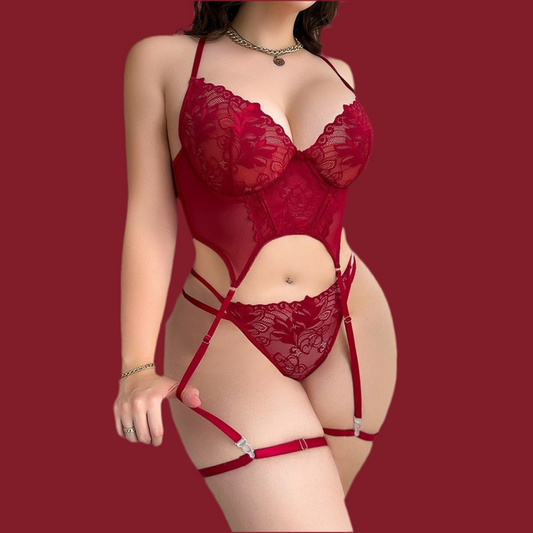 Plus Size Women’s Lace See-through Bra & T-back Two-piece Set Purplish Red Infinite Avenue