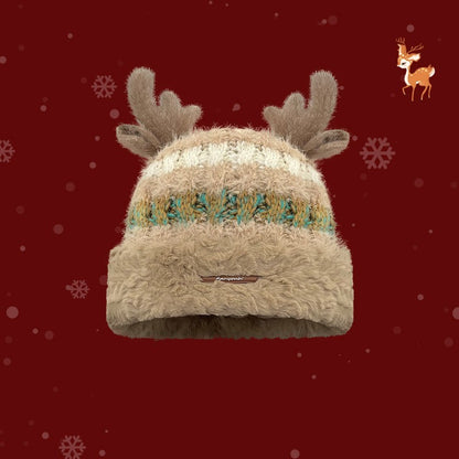 Christmas Knitted Hat – Cute Deer Antlers, Beanie for Girls & Women Khaki One size fits all Infinite Avenue