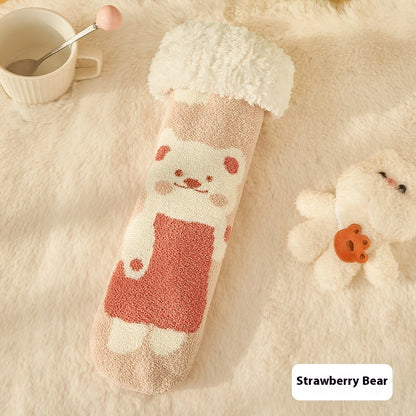 Women's Lamb Fleece Tube Room Socks Strawberry Bear Free Size Infinite Avenue