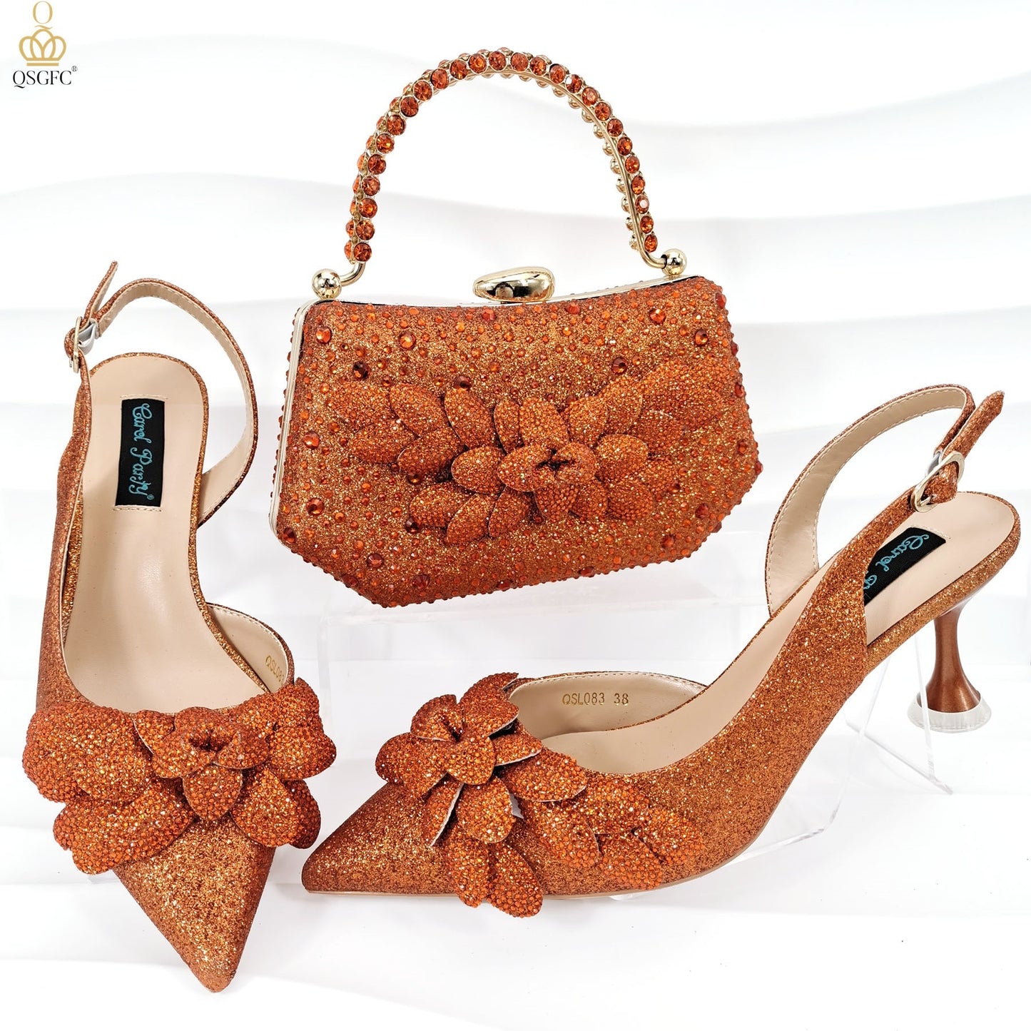 Cross-border Ladies Party Shoes Bag Set Handmade Leaf Decorative Wine Glass Heel Orange Red Infinite Avenue