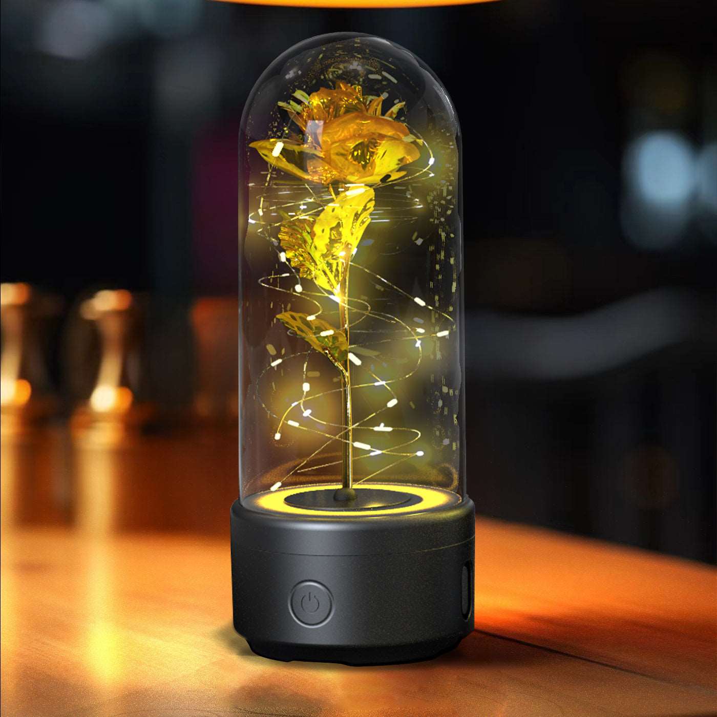 Creative 2 In 1 Rose Flowers LED Light And Bluetooth-compatible Speaker Valentine's Day Gift Rose Luminous Night Light Ornament In Glass Cover Black Base Gold Flower Infinite Avenue