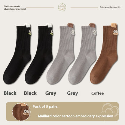 Women's Cartoon Mid-Tube Cotton Socks Black 2 Gray 2 Coffee 1 35 to 40 Free Size Infinite Avenue