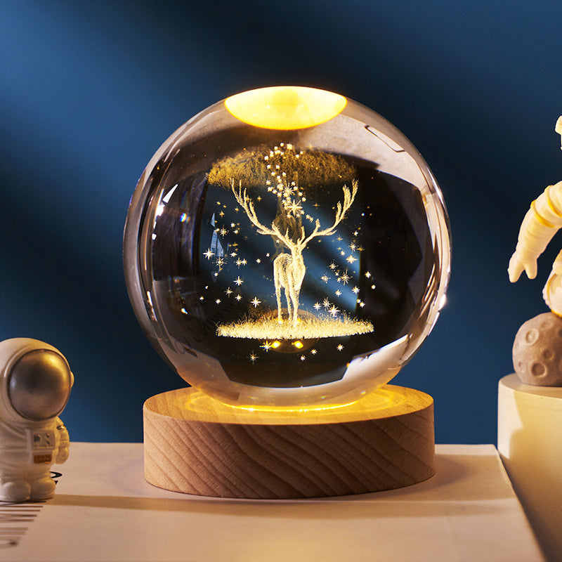 Luminous Starry Sky Crystal Ball – Moon Night Light & Gift Solid Wood Lamp Holder Deer Forest Wizard 6CM Infinite Avenue