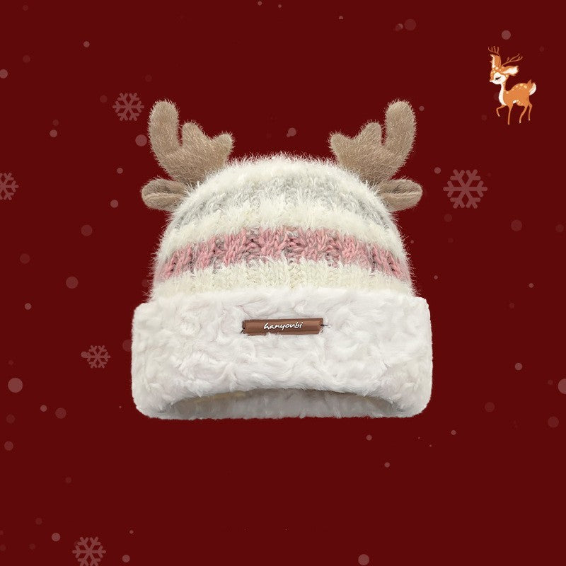 Christmas Knitted Hat – Cute Deer Antlers, Beanie for Girls & Women White One size fits all Infinite Avenue