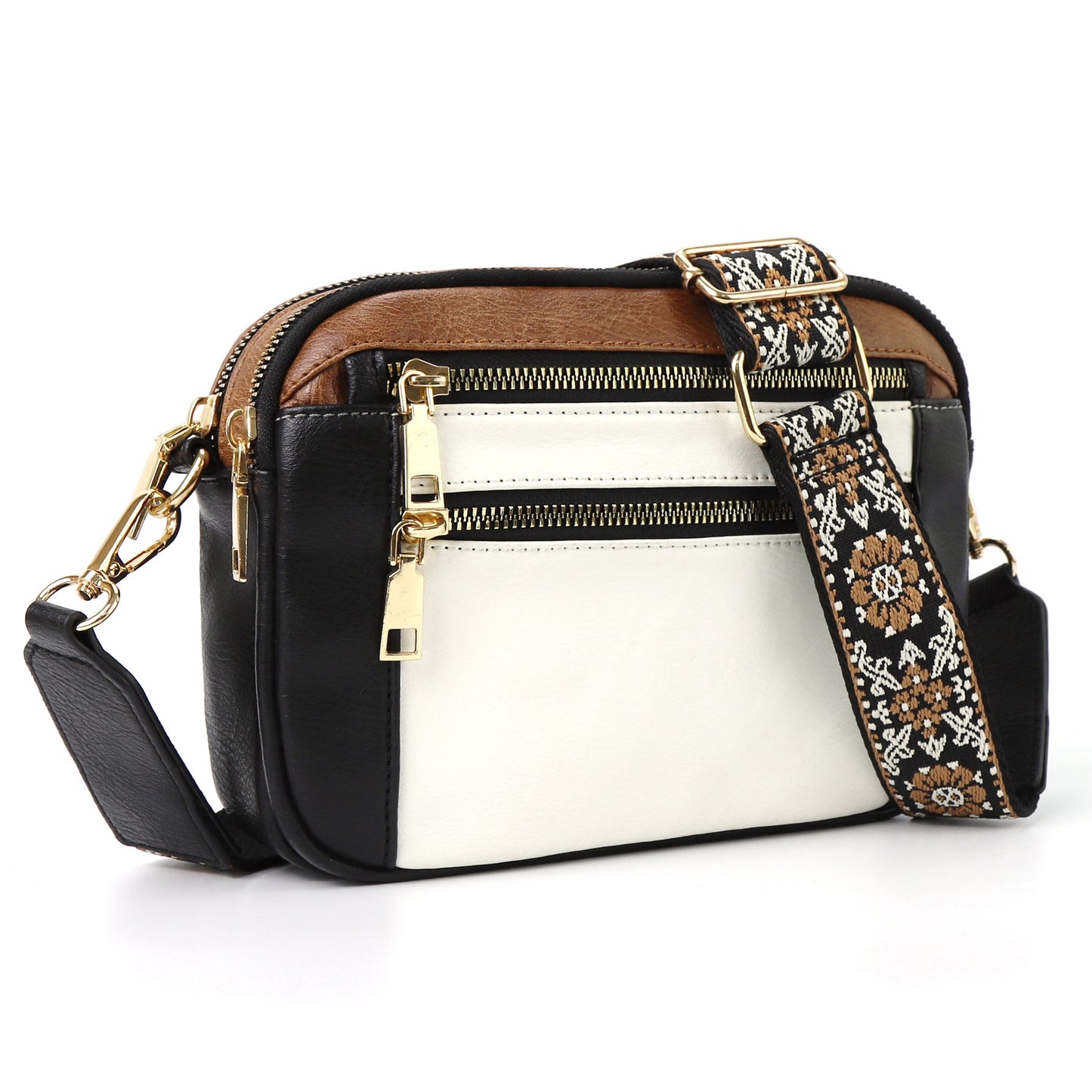 Cow Color Matching Multifunctional Zipper Crossbody Bag White Black Brown Infinite Avenue