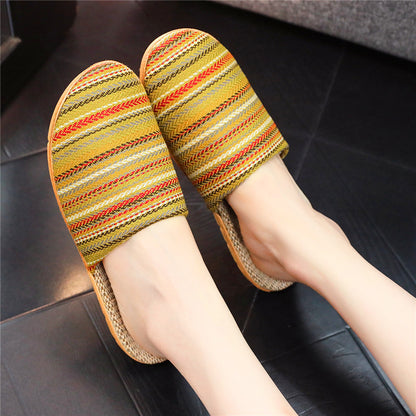 Home Linen Slippers Printed Cute Fashion Striped Toe Cap Yellow Infinite Avenue