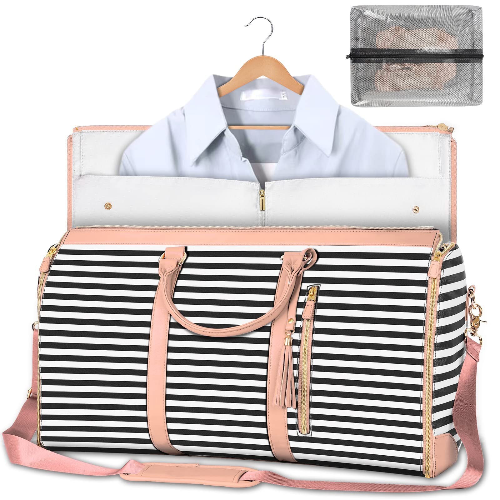 Large Travel Duffle Bag – Waterproof Folding for Women Black Stripes and Pink Infinite Avenue