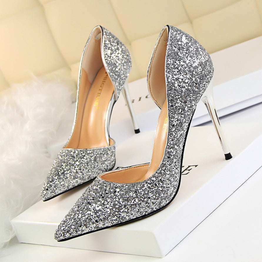 Skinny Women's Shoes Stiletto Heel Shallow Mouth Pointed Side Hollow-out Sequin Silver Infinite Avenue