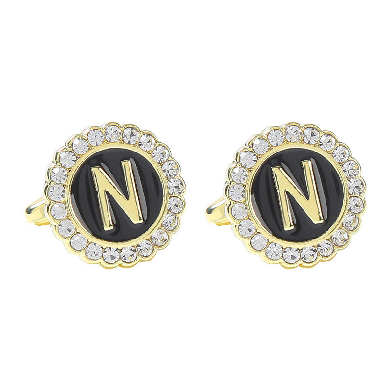 Round Diamond French Cufflinks Men's 26 Letters N Alloy Infinite Avenue