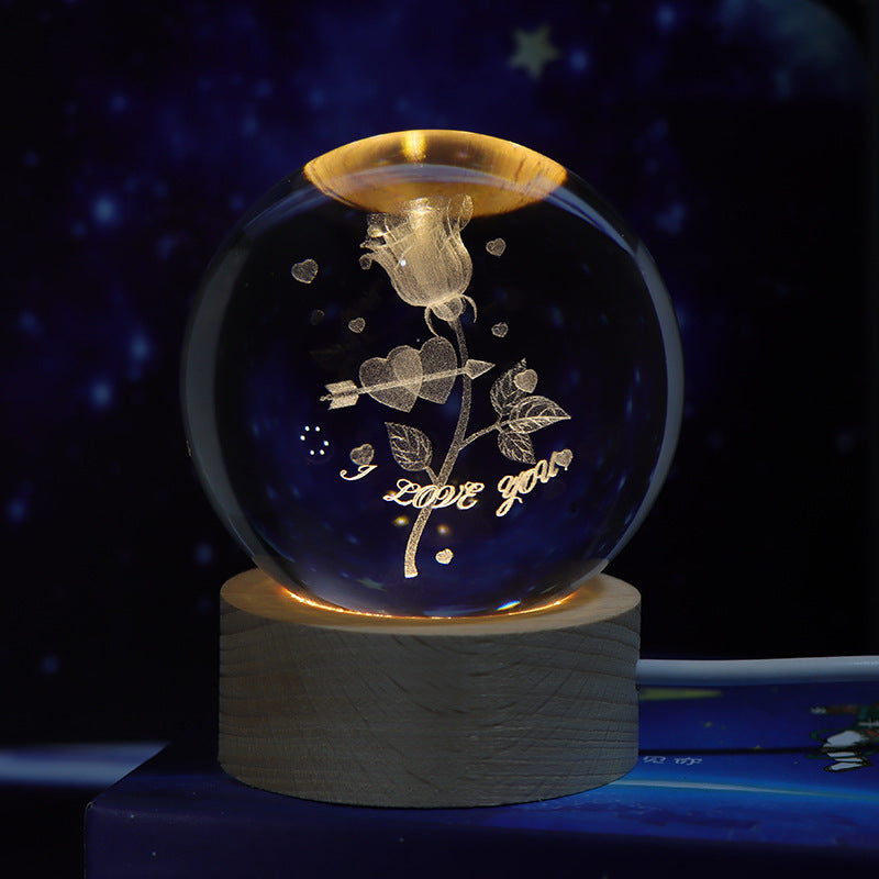 Luminous Starry Sky Crystal Ball – Moon Night Light & Gift Solid Wood Lamp Holder Rose 6cm Crystal Ball Infinite Avenue