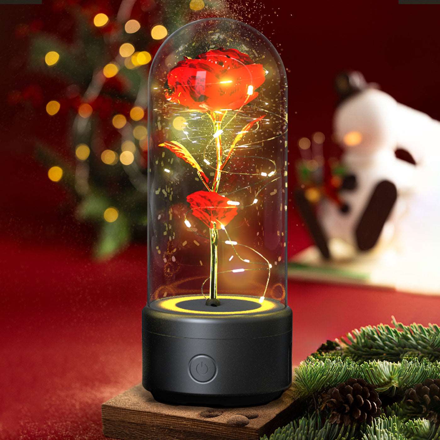 Creative 2 In 1 Rose Flowers LED Light And Bluetooth-compatible Speaker Valentine's Day Gift Rose Luminous Night Light Ornament In Glass Cover Black Base Red Flower Infinite Avenue