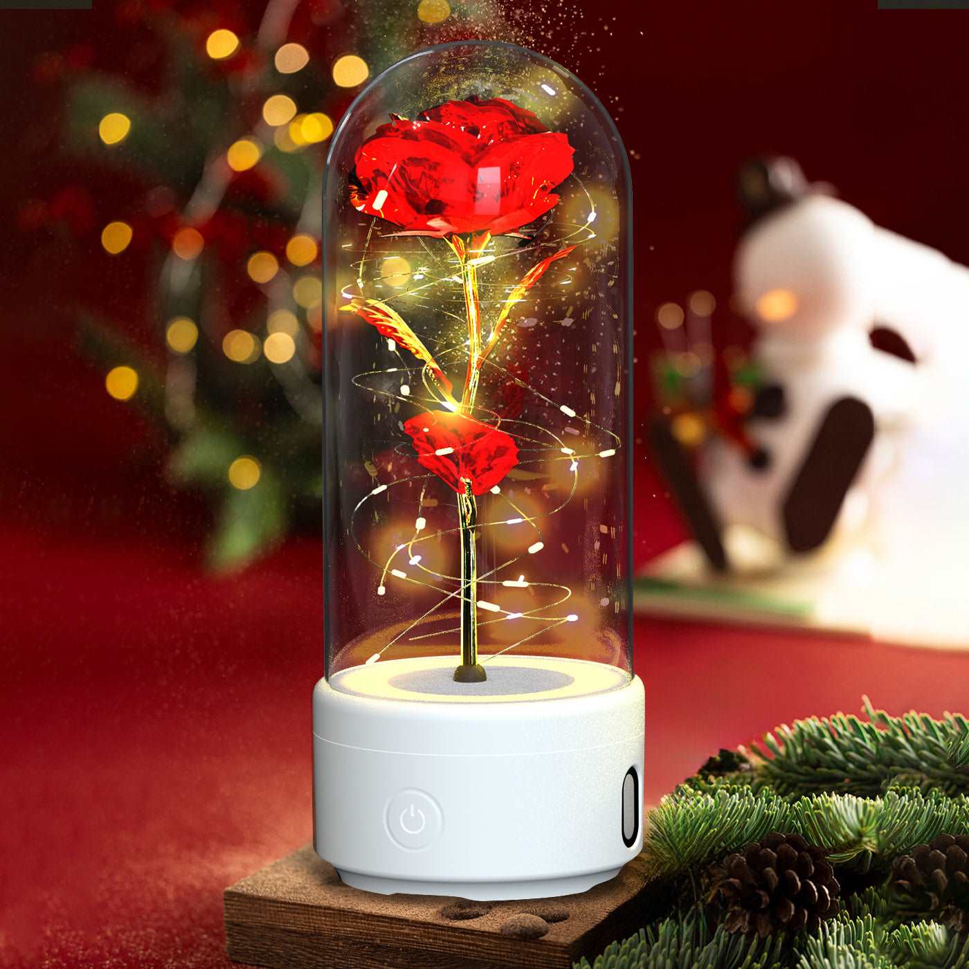 Creative 2 In 1 Rose Flowers LED Light And Bluetooth-compatible Speaker Valentine's Day Gift Rose Luminous Night Light Ornament In Glass Cover White Base Red Flower Infinite Avenue