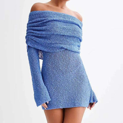 Women's Spring Summer Knitted Dress Elegant Party Boat Neck Dress Infant Off Shoulder Bodycon Long Sleeve Fuzzy Short Club Chic Mini Dress Blue Infinite Avenue