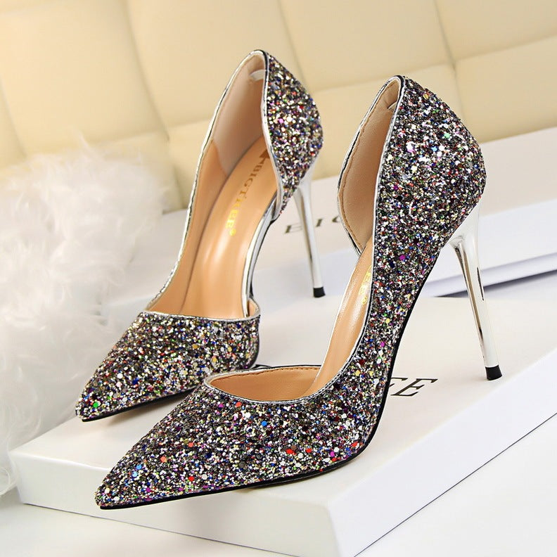 Skinny Women's Shoes Stiletto Heel Shallow Mouth Pointed Side Hollow-out Sequin Infinite Avenue