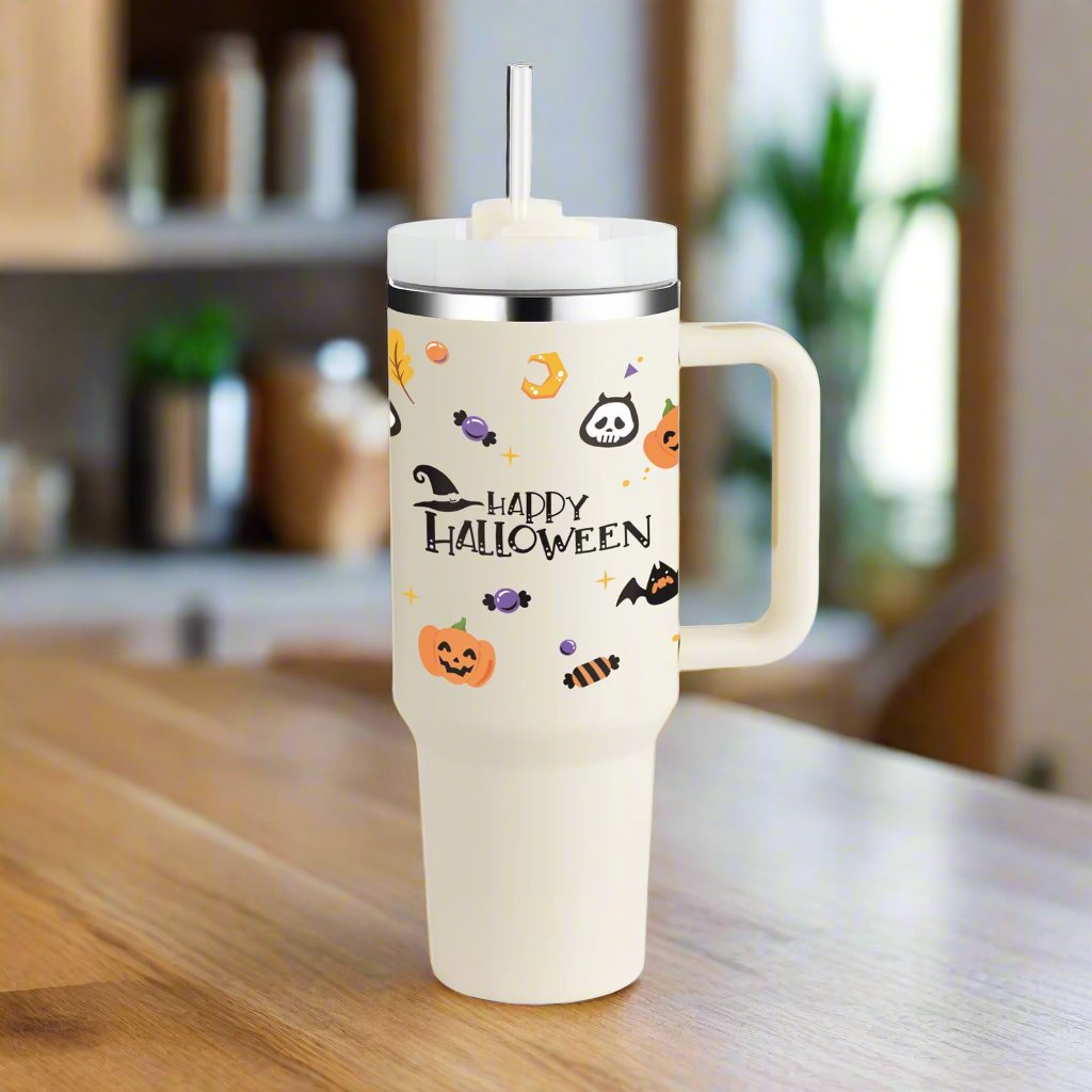 40oz Insulated Tumbler – Stainless Steel with Handle & Straw Halloween Cream white 1200ML Infinite Avenue