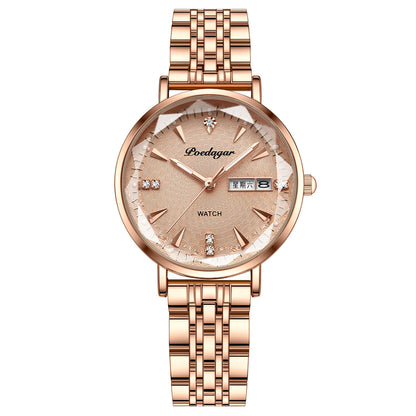 Women's Watch Double Calendar Quartz Gold Surface Steel Strip Infinite Avenue