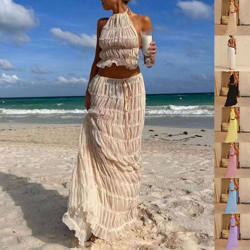 2pcs Women's Dress Suit Sexy Sleeveless Backless Cropped Halter Top And Pleated Long Skirt Beach Clothing Infinite Avenue