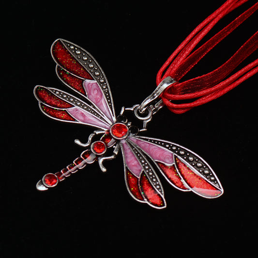 Vintage Ribbon Cord Diamond Dragonfly Necklace Red Ribbon Infinite Avenue