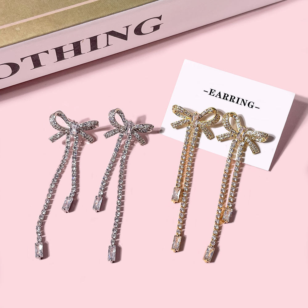 Bow Stud Earrings Zircon Tassel Long Infinite Avenue